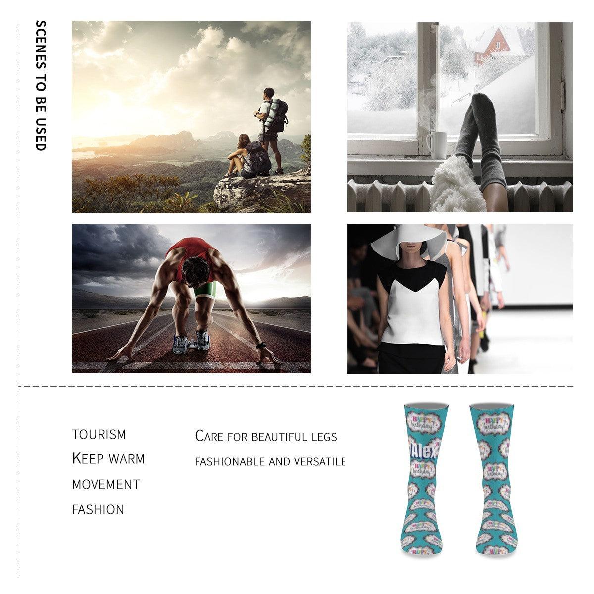 Teal birthday socks with cake print worn on legs with a casual outfit