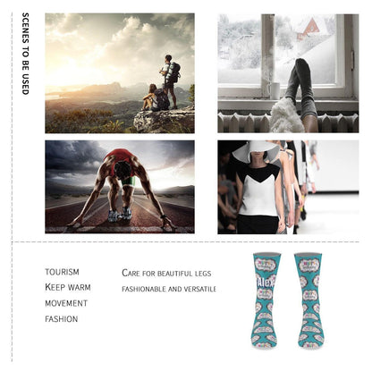 Teal birthday socks with cake print worn on legs with a casual outfit