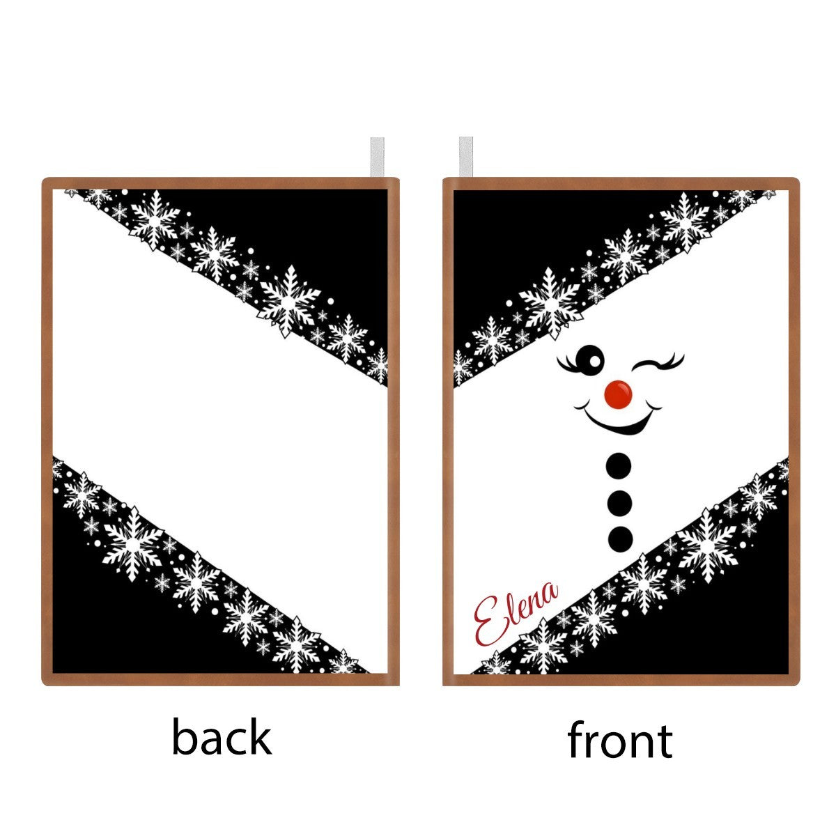 Snowman A5 notebook cover with snowflakes, red nose, and custom name Elena