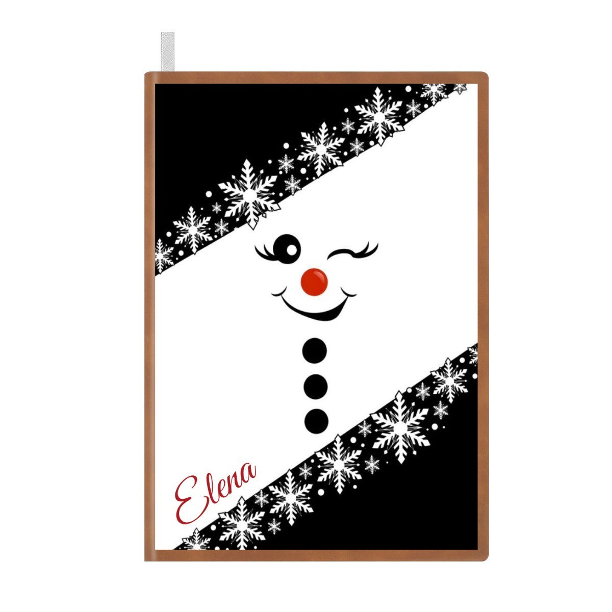 Snowman A5 notebook with snowflake diagonal bands and custom name Elena on cover