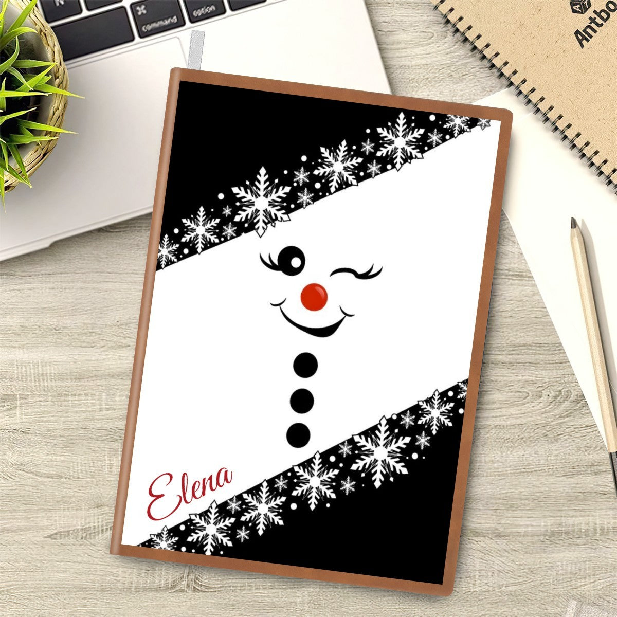 Snowman A5 notebook cover with snowflake scarf design and custom name Elena