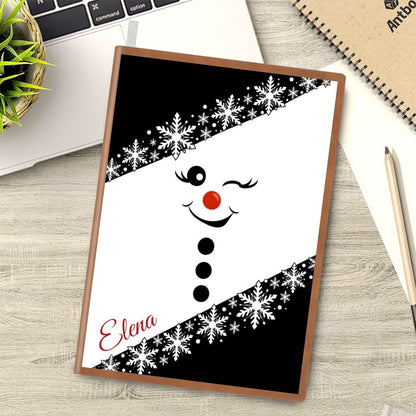 Snowman A5 notebook cover with snowflake scarf design and custom name Elena