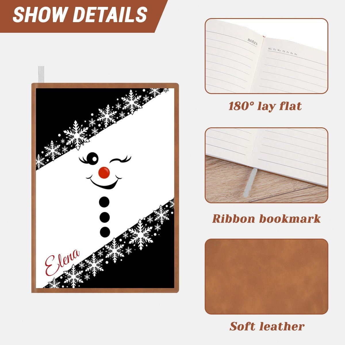 Snowman A5 notebook with soft-leather look, ribbon bookmark, and lay-flat design