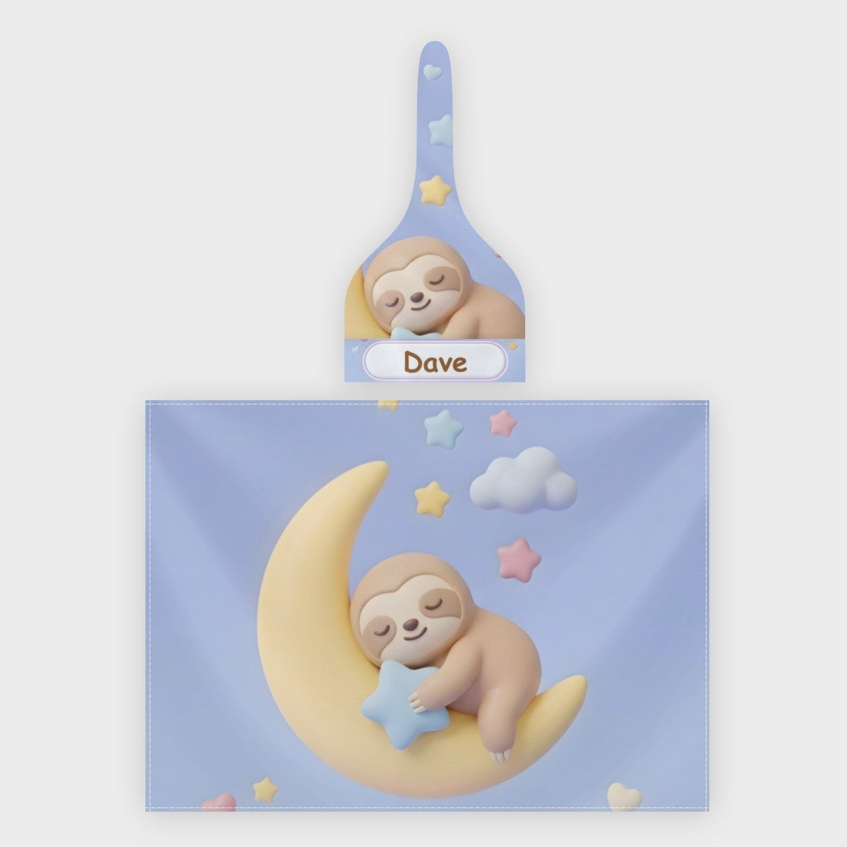 Baby swaddle blanket and matching hat set with sloth moon print and name patch