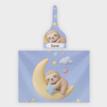 Baby swaddle blanket and matching hat set with sloth moon print and name patch