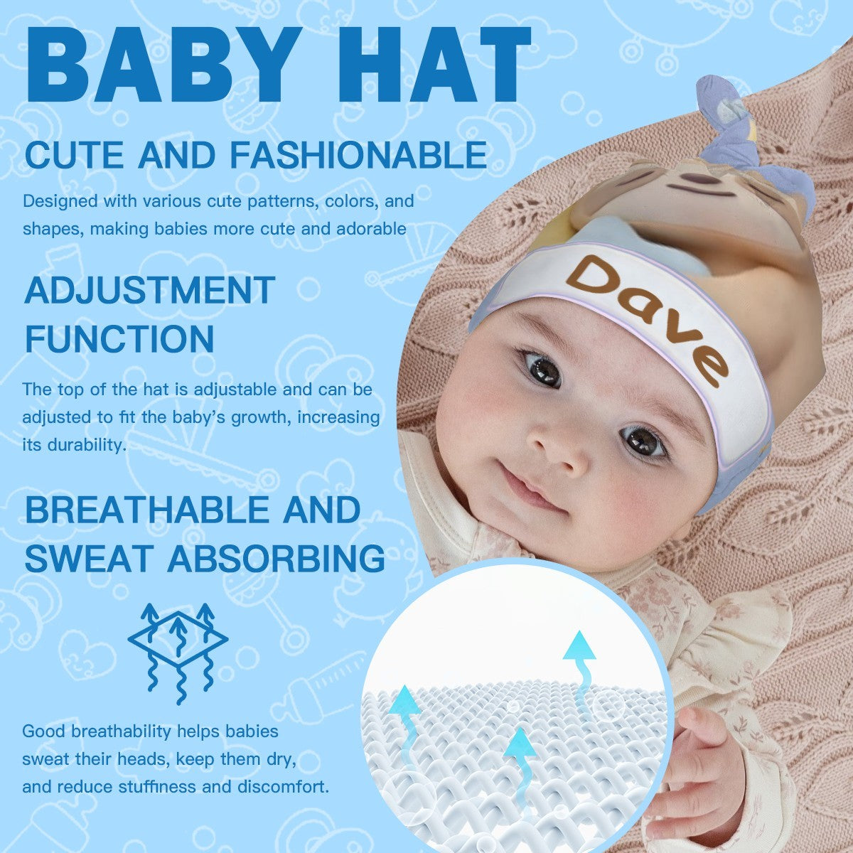 Baby wearing light blue sloth hat with "Dave" name patch