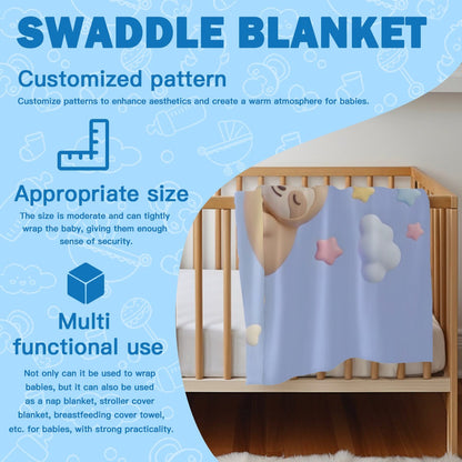 Light blue swaddle blanket with sloth on moon and cloud and star prints