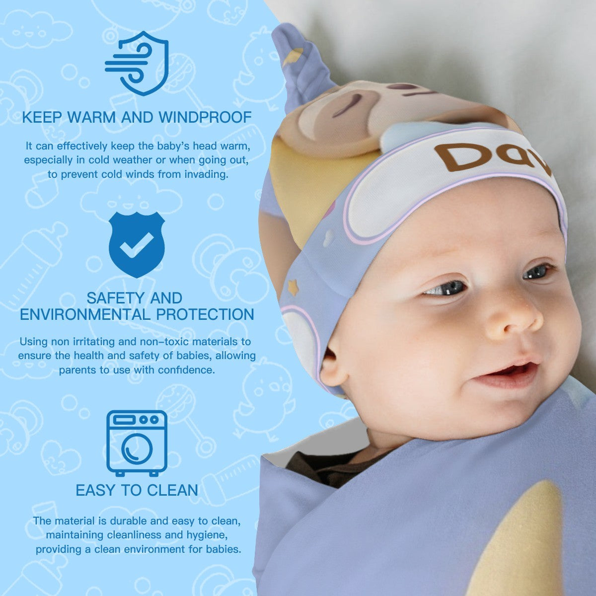 Baby wrapped in light blue swaddle with sloth-themed hat and name patch
