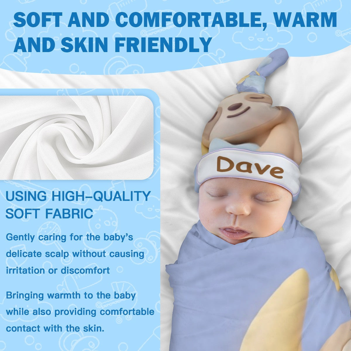 White and light blue swaddle blanket with sloth hat; soft fabric close-up