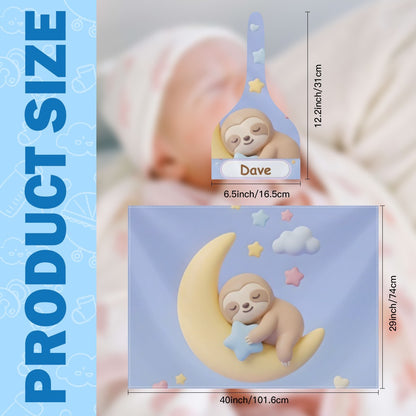 Light blue sloth swaddle blanket with matching hat and name band—size overview
