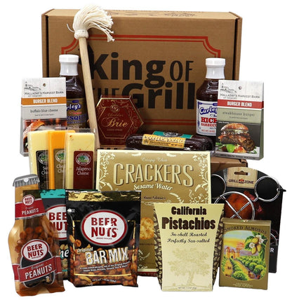 King of the Grill gift box with assorted BBQ snacks, crackers, nuts, and sauces