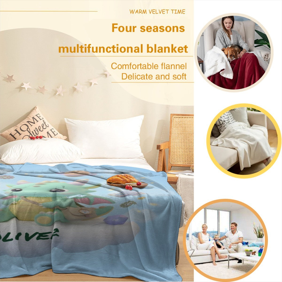 Light blue blanket with green dragon and Oliver cloud design, shown on bed