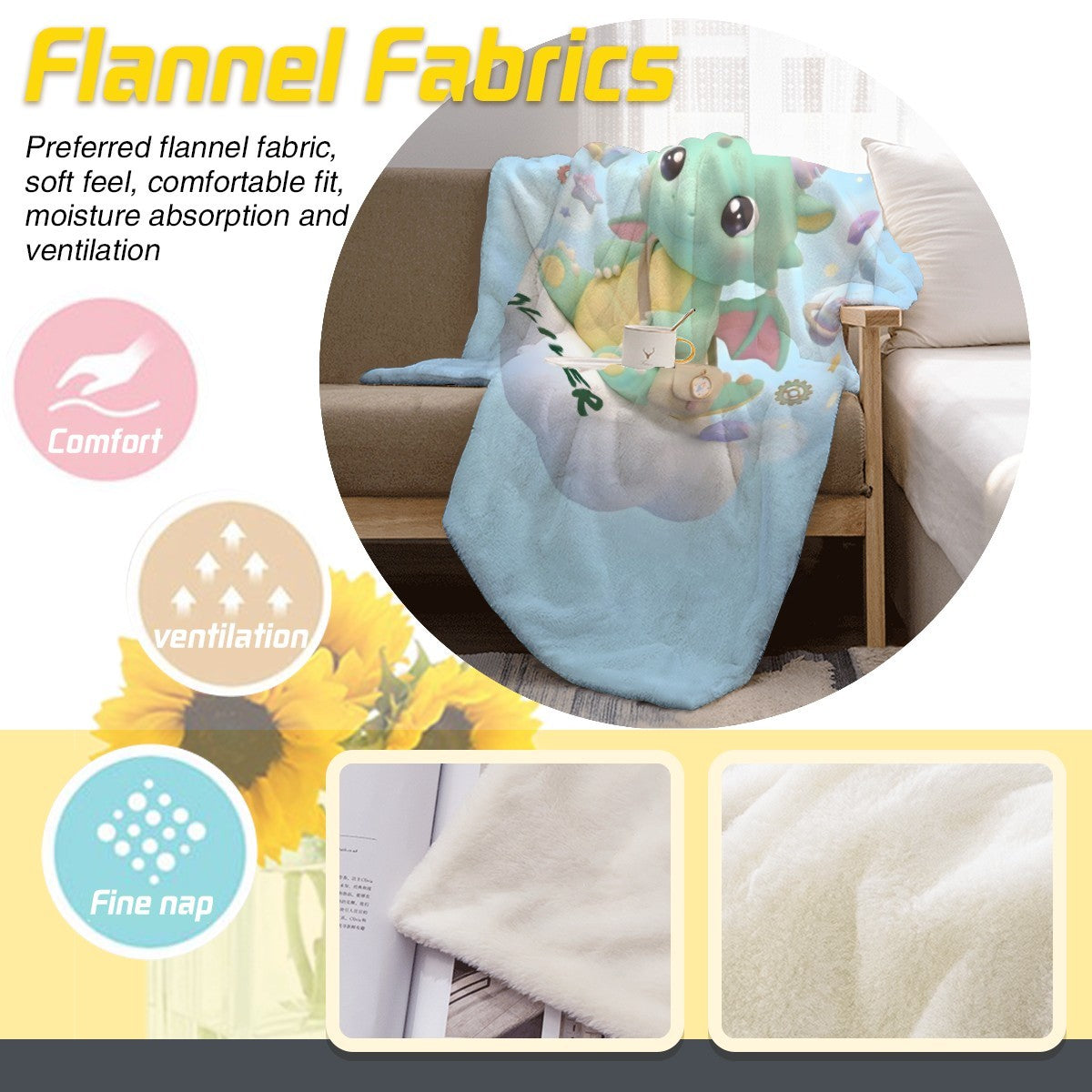 Light blue flannel blanket with green dragon and Oliver cloud motif
