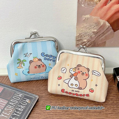 Light blue capybara coin purse with kiss-lock metal frame and cute cartoon graphic