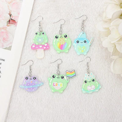 Frog acrylic earrings assortment with dangling frog charms in green, pink, blue, and rainbow colors
