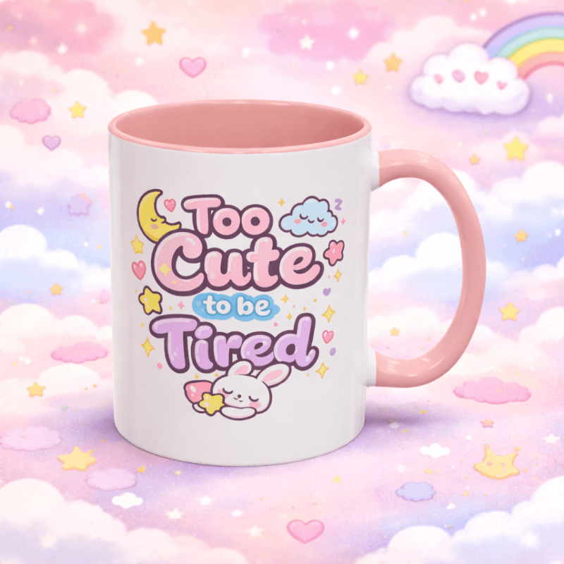 Kawaii bunny mug with pink rim and handle, front text and bunny illustration graphic