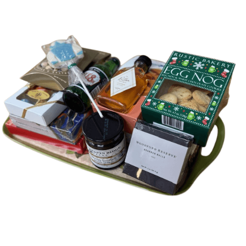Rectangular gift tray with rustic bakery items, preserves, and snack bottles