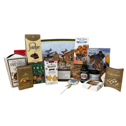Rectangular gift tray with assorted sweets, snacks, and bottles