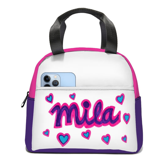 Kids lunch tote bag, Mila name with hearts, white front panel and purple base