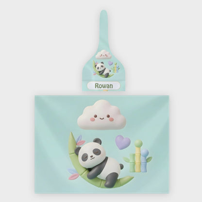 Personalized panda baby swaddle blanket set with matching mint hat, custom name Rowan