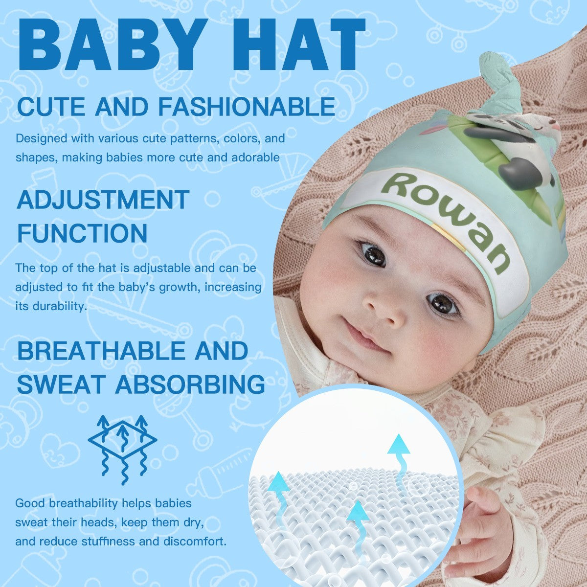 Mint baby hat with panda patch and name Rowan, worn with matching swaddle blanket