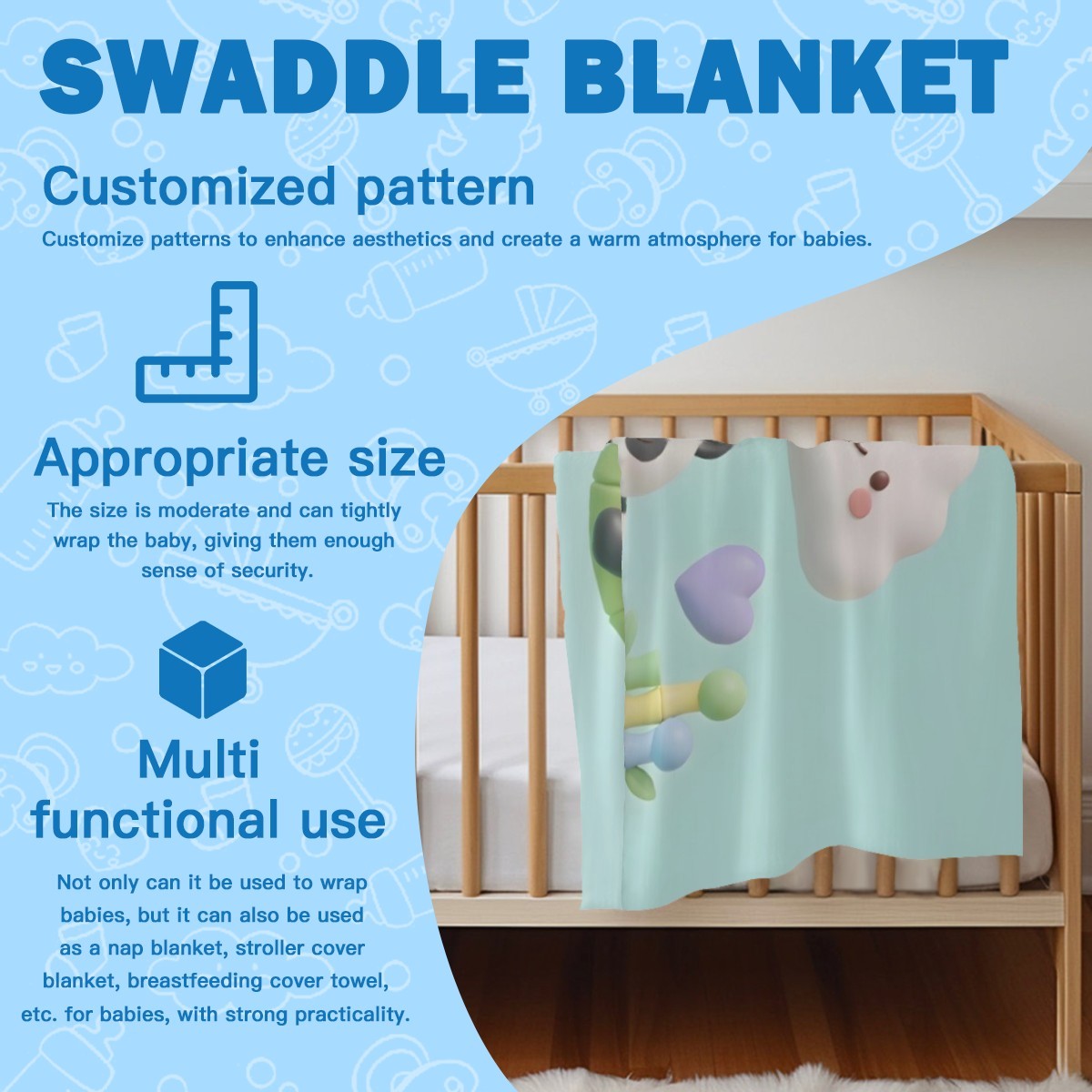 Mint swaddle blanket with cloud and panda design, personalized name Rowan