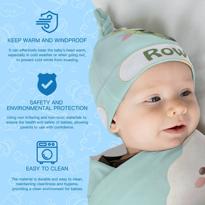 Mint baby hat with panda patch and name Rowan, worn with matching swaddle blanket