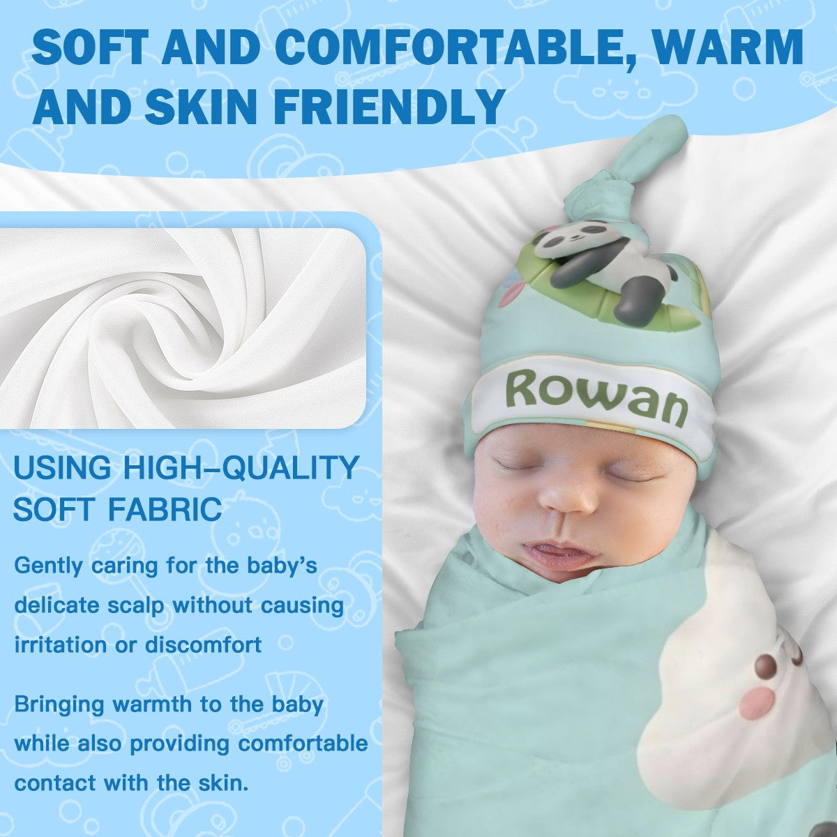 Soft mint baby swaddle blanket and matching panda hat, name Rowan on front