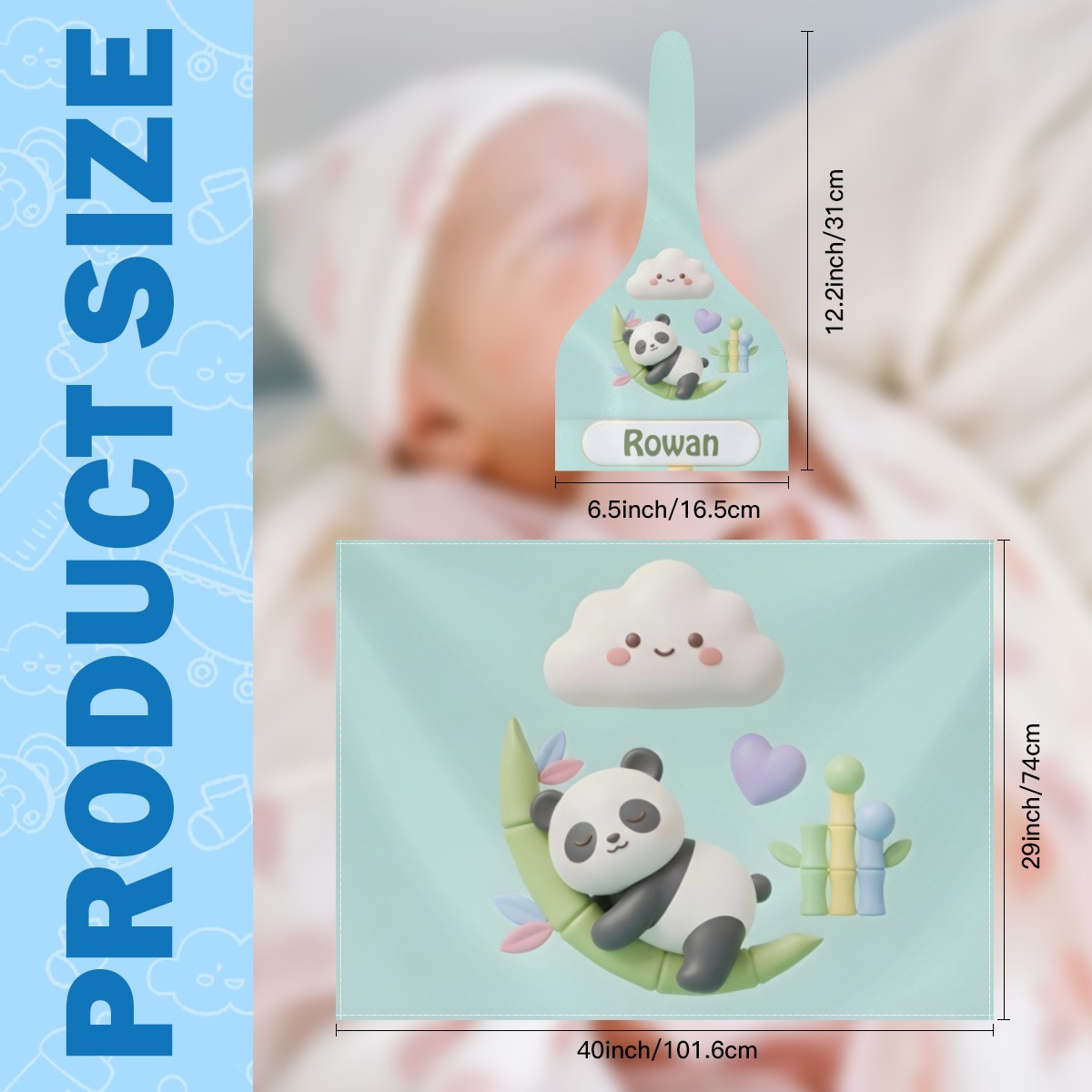Personalized panda swaddle blanket and hat set in mint, name Rowan with dimensions