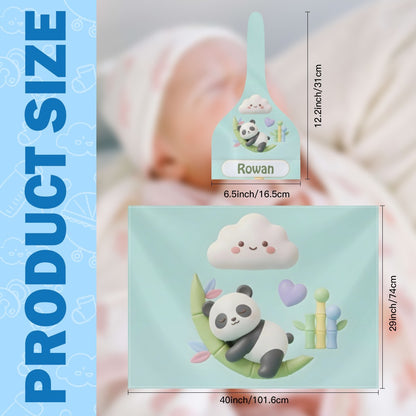 Personalized panda swaddle blanket and hat set in mint, name Rowan with dimensions