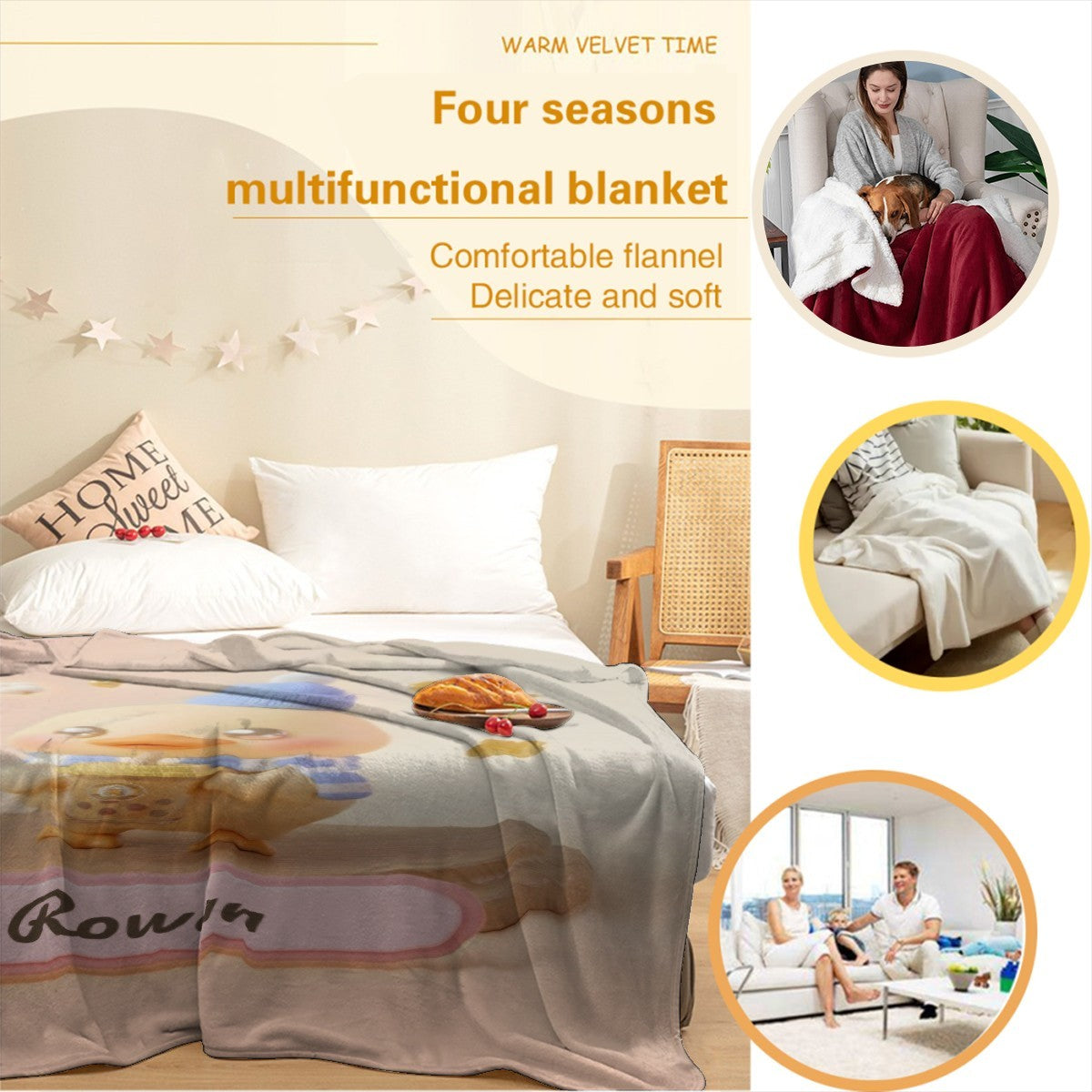 Light beige duck character blanket with blue hat print and pink-edged name ribbon on bed