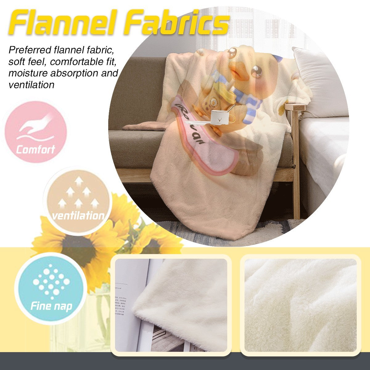 Light beige flannel blanket with duck character and blue hat; textured fabric close-up