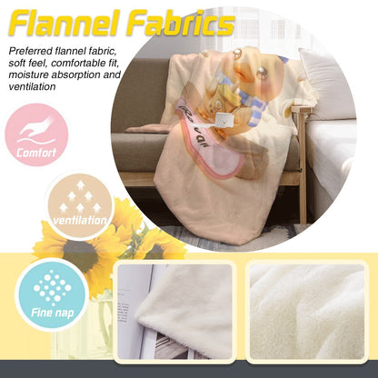 Light beige flannel blanket with duck character and blue hat; textured fabric close-up