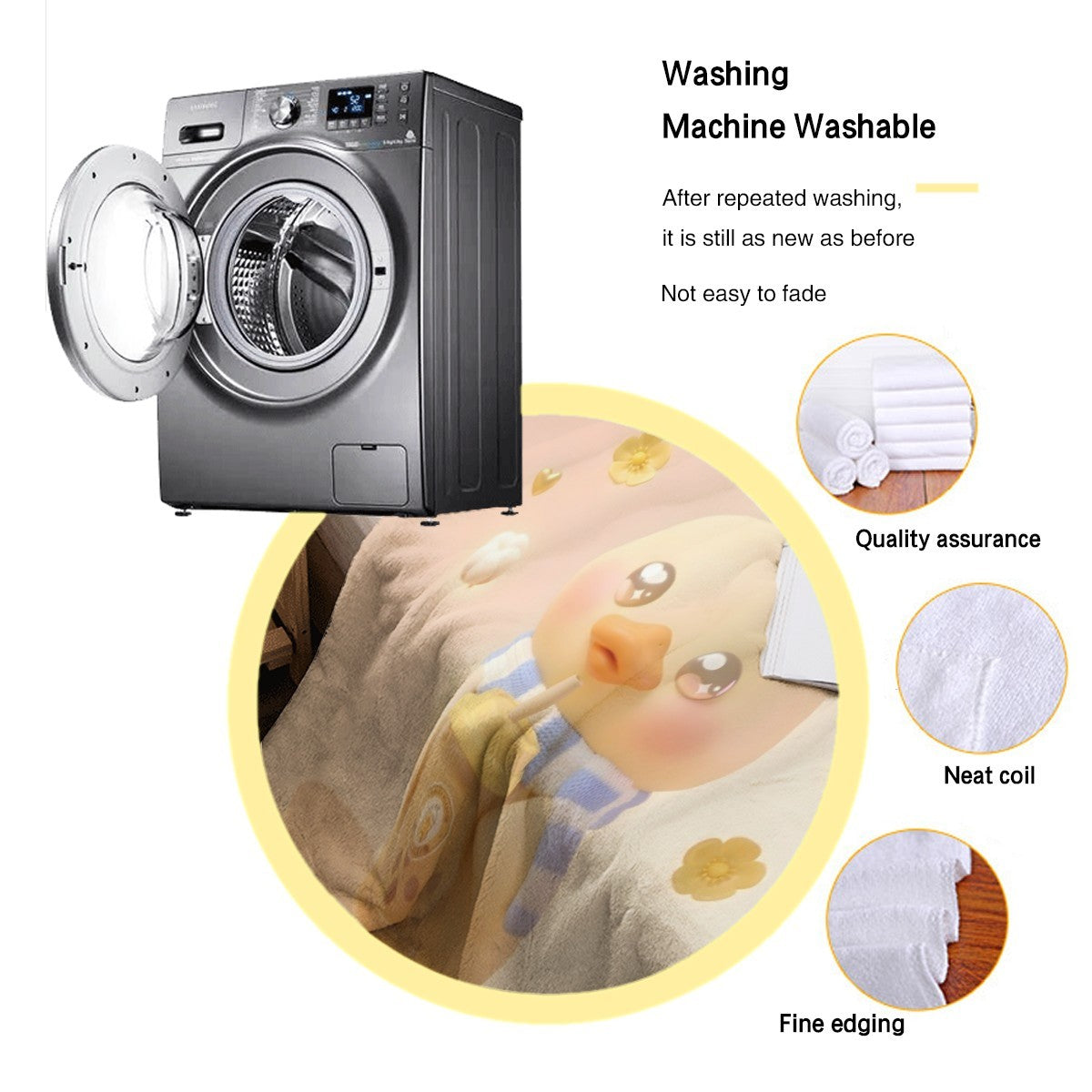 Duck character blanket in light beige shown with washing-machine scene and edge stitching