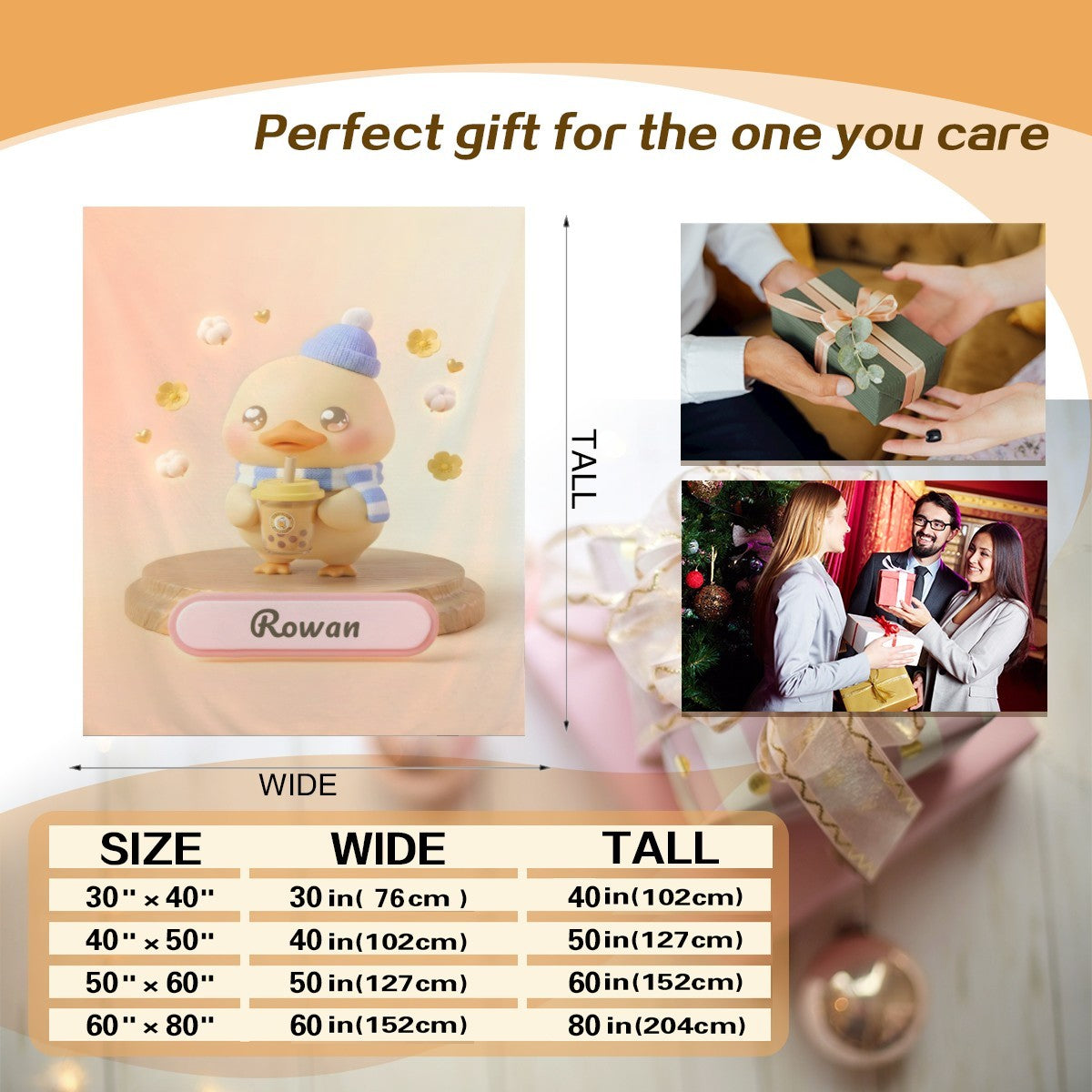 Duck character blanket size chart with light beige print of duck in blue hat and name ribbon