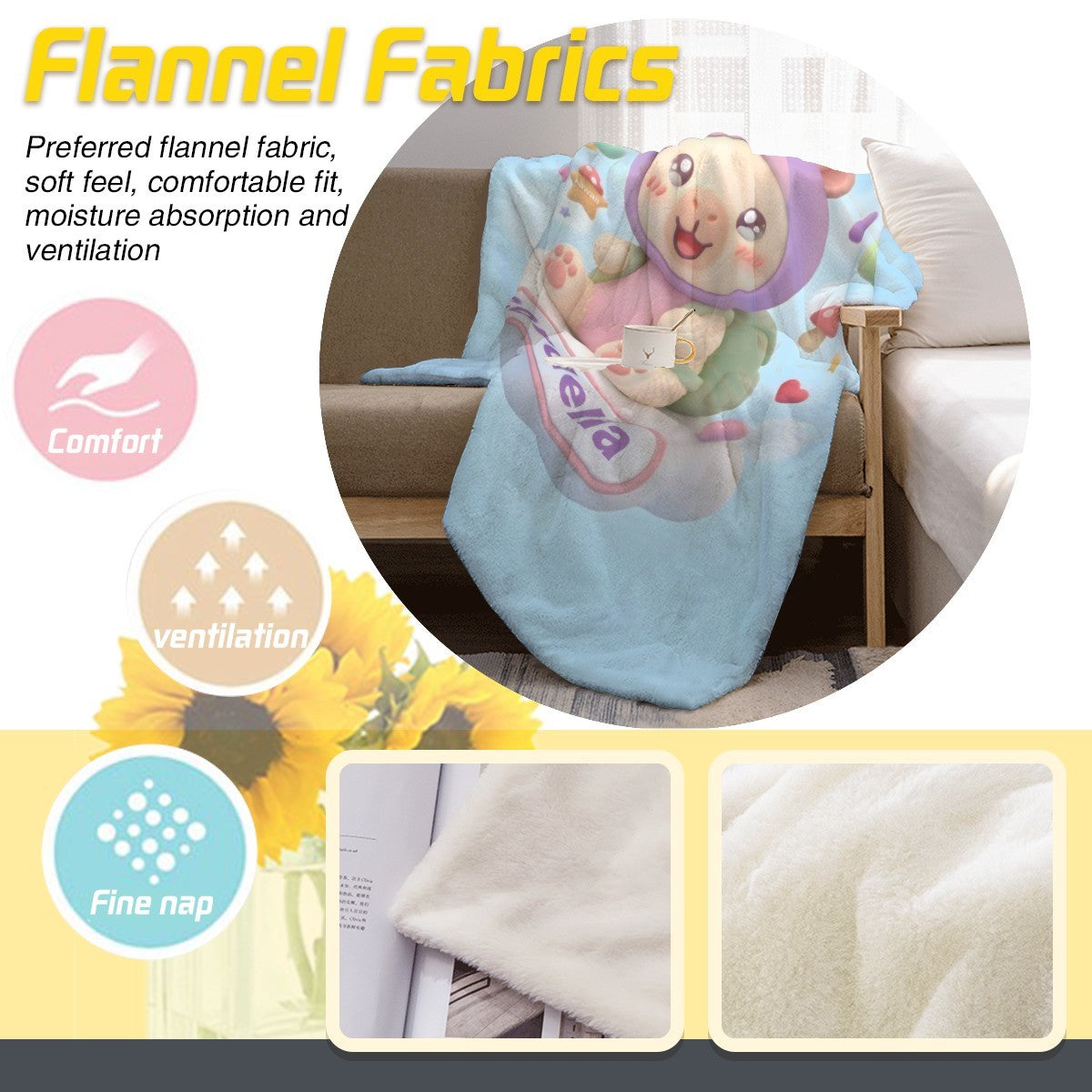 Light blue cartoon blanket with bear face and “Cordelia” design, close view