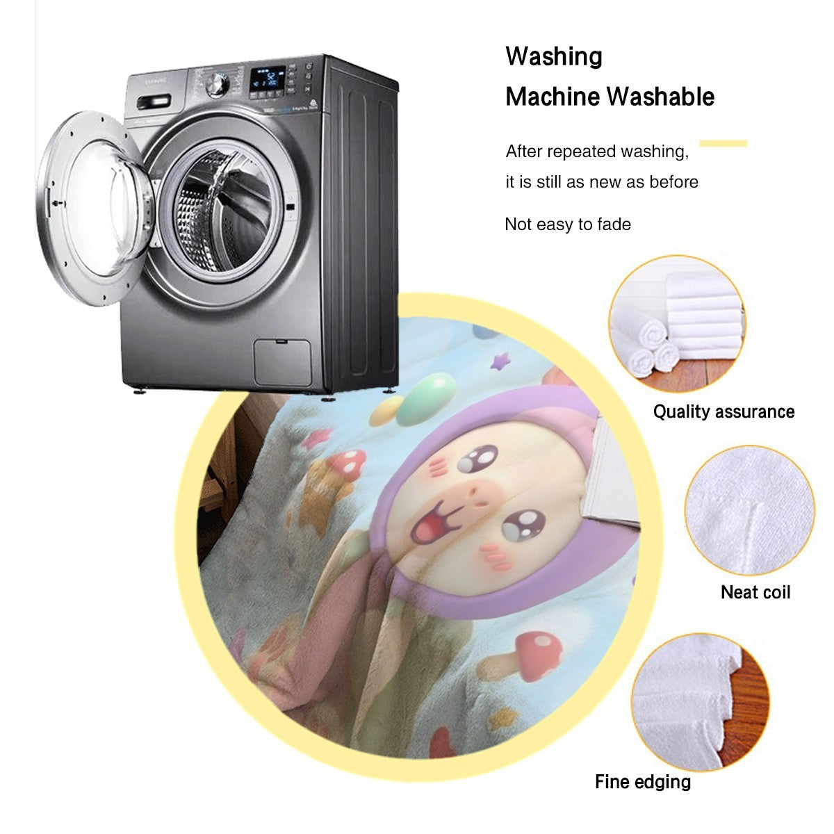 Light blue cartoon blanket with bear character, shown with washing concept