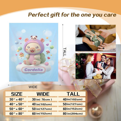 Light blue cartoon blanket panel with bear character, size chart layout