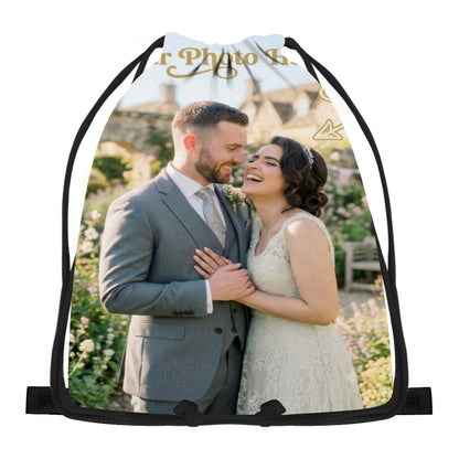 Black drawstring photo bag with custom image panel of a couple, top grommets and ties