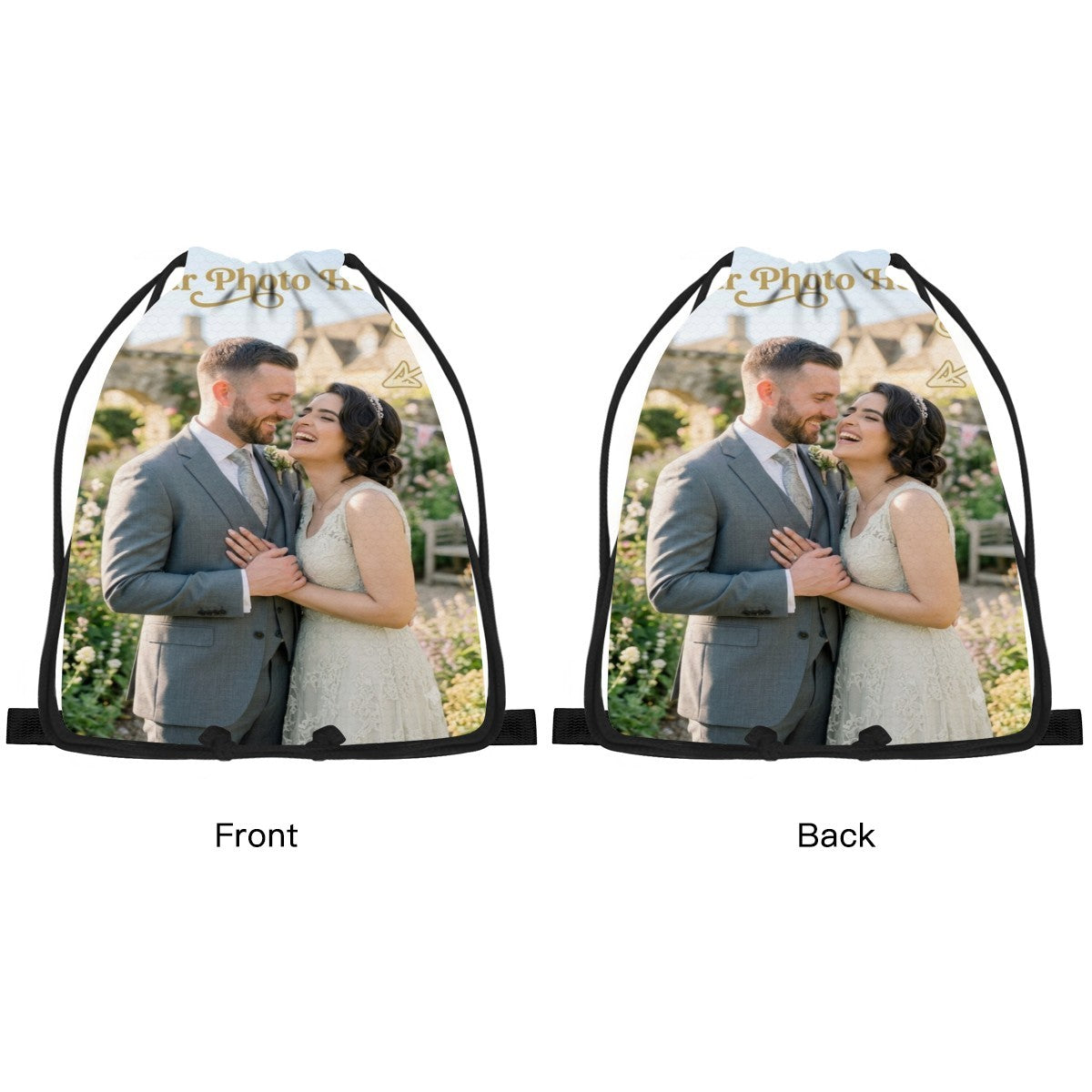 Black drawstring photo bag showing front and back views with the same couple image