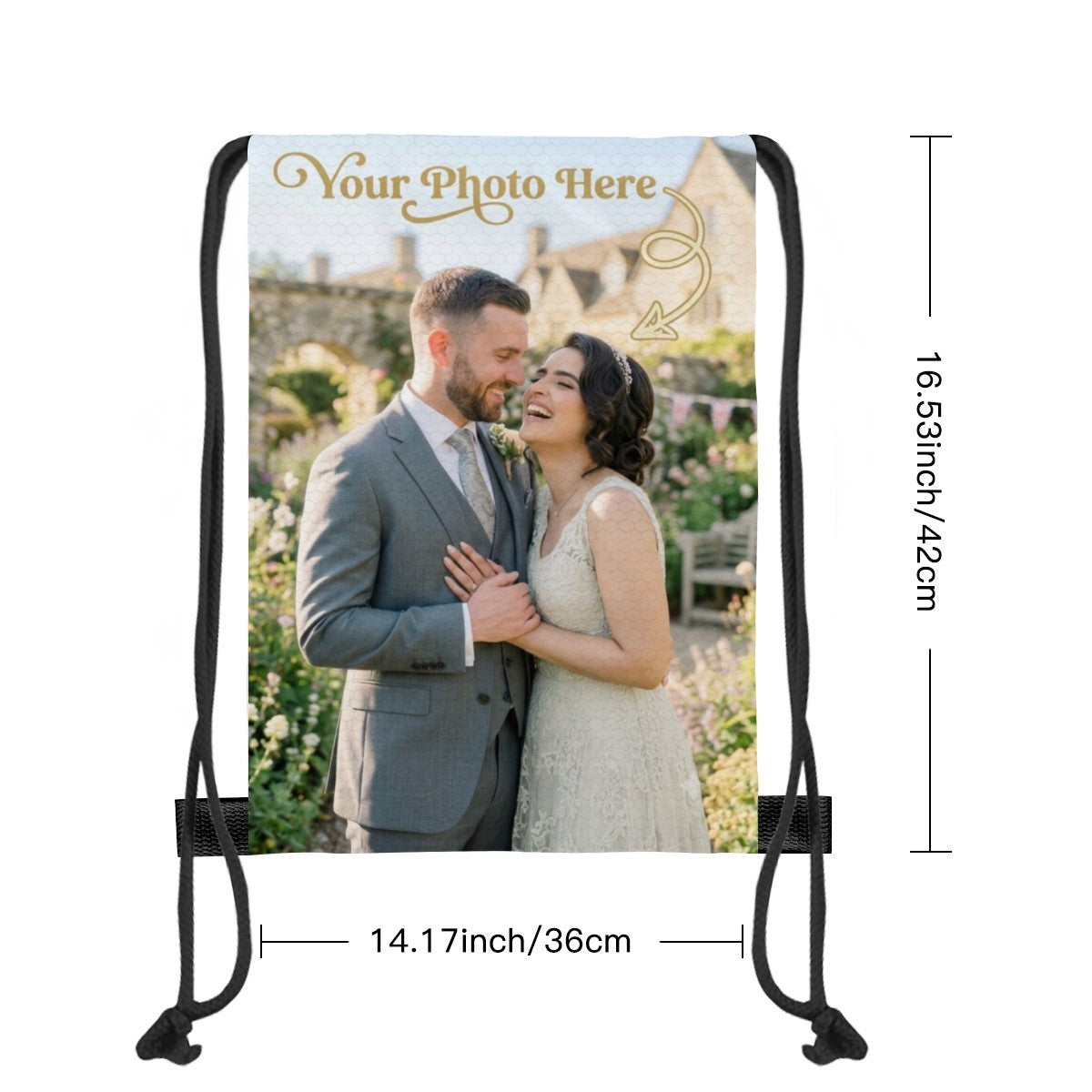 Black drawstring photo bag with couple image panel; size marked 14.17in x 16.53in