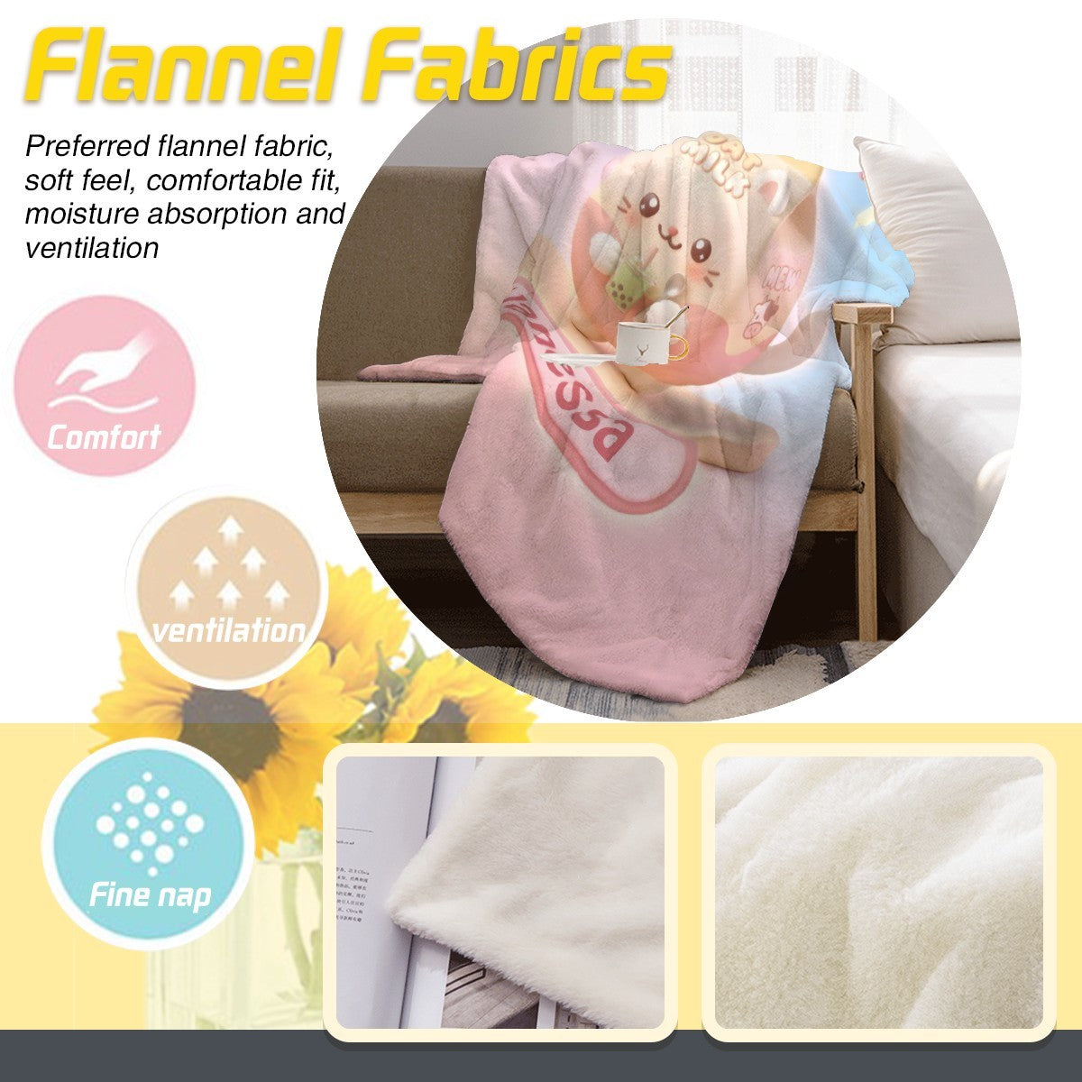 Pastel pink-and-blue blanket with bunny face graphic and “Vanessa” label