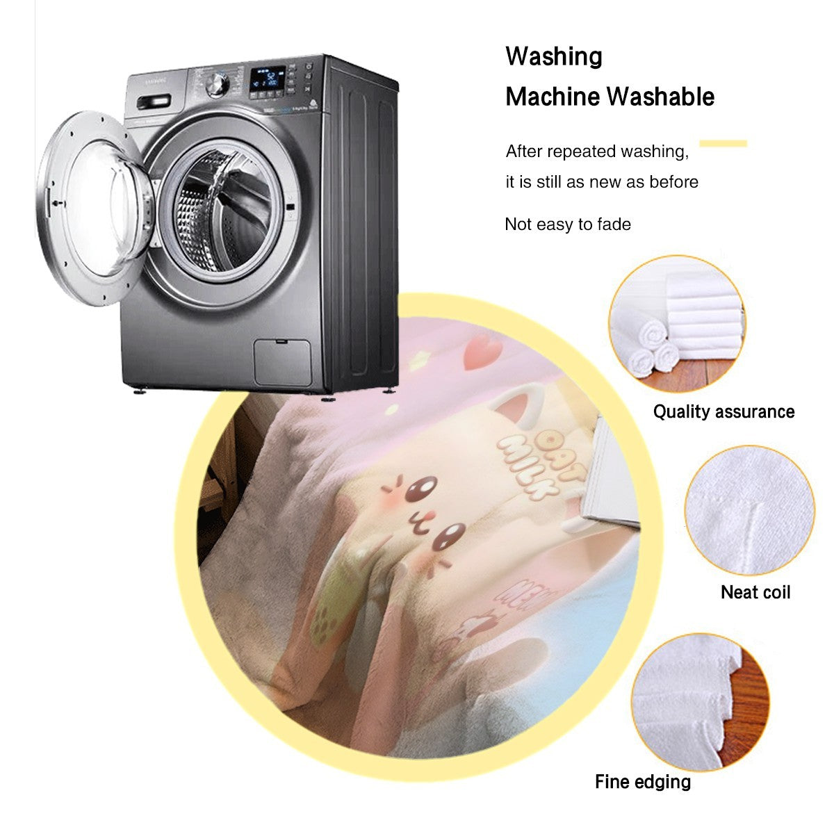 Pastel blanket with bunny graphic and “Vanessa” band, partially shown near washing machine