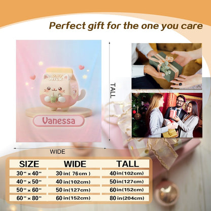 Pastel pink blanket with bunny artwork and “Vanessa” label, shown flat