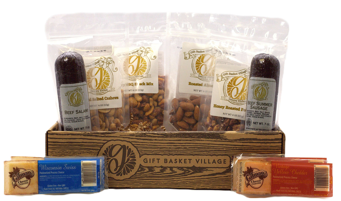 Wooden gift basket crate with packaged cheeses, salami, honey roasted peanuts, and almonds