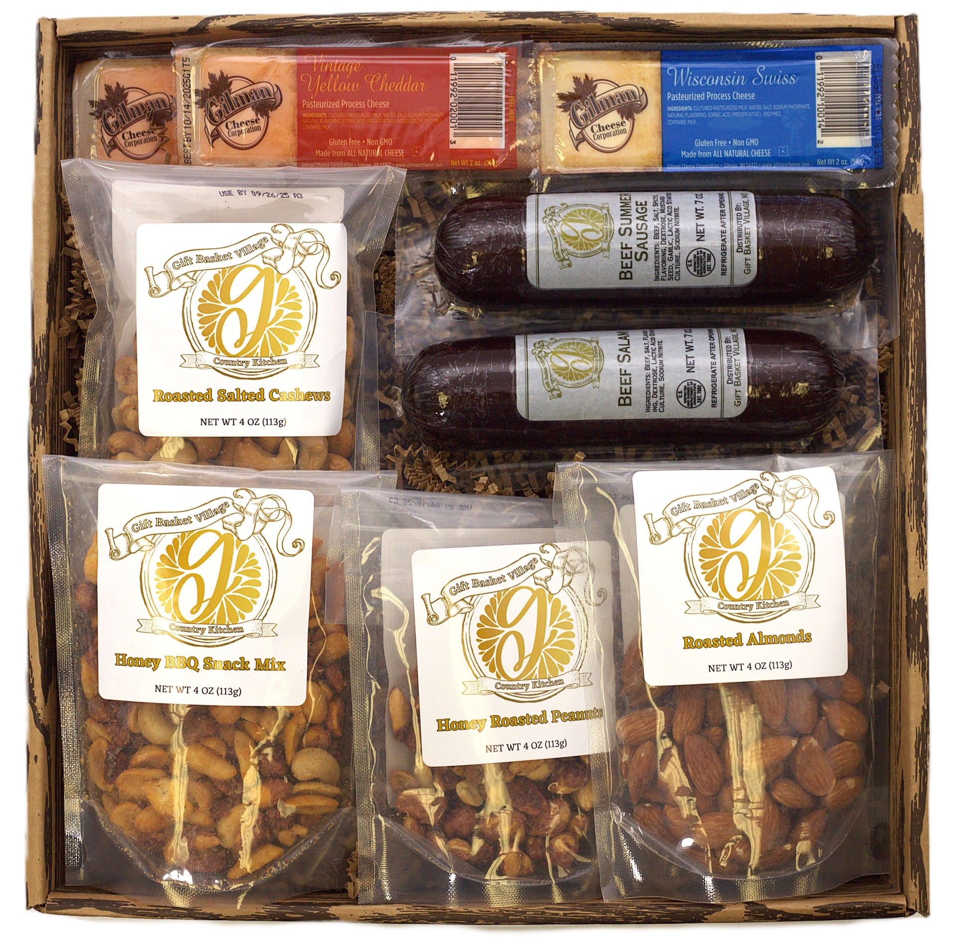 Wooden meat and cheese crate with packaged cheddar, Swiss, salami, roasted nuts, snack mix