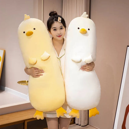 Long chick plush pillow pair: white and yellow, with embroidered faces and beak