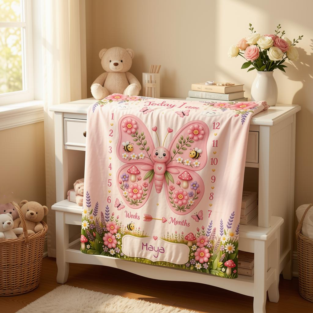 Personalized baby milestone blanket draped on cabinet, pink butterfly garden, weeks/months, Maya