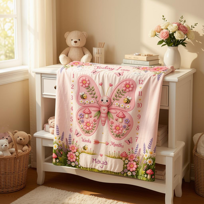 Personalized baby milestone blanket draped on cabinet, pink butterfly garden, weeks/months, Maya
