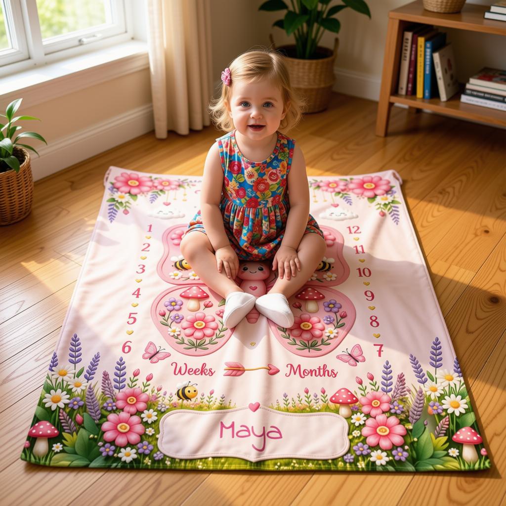 Personalized baby milestone blanket on floor with pink butterfly, weeks/months, Maya panel